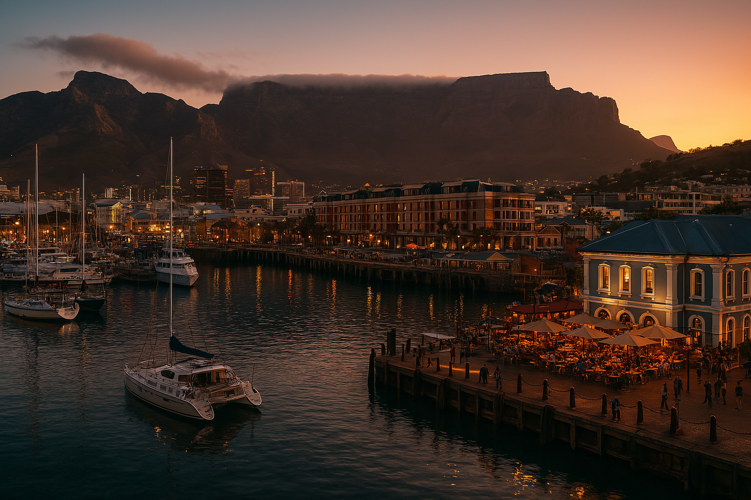 Scenic view of Cape Town’s V&A Waterfront at sunset with Table Mountain in the background, boats docked in the harbor, and a lively atmosphere of restaurants and visitors.